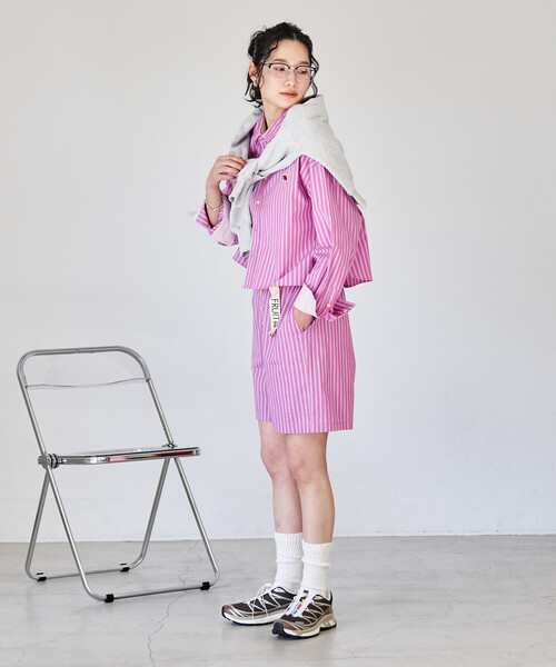 FREAK'S STORE(フリークスストア)の「FRUIT OF THE LOOM × FREAK'S STORE/フルーツオブザルーム 別注 マルチカラー 長袖ショートシャツ/ストライプシャツ/チェックシャツ(シャツ/ブラウス・レディース・グレー/ターコイズブルー/ブラック/サックスブルー/コーラルピンク/グリーン/オレンジ/パープル・フリ-)」の13枚目の写真