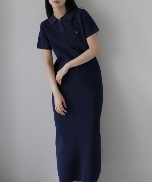 YENNA(イェンナ)の「【YENNA】ワンポイントロゴ刺繍 ポロニットワンピース(ワンピース・レディース・アイボリー/ブラック/ネイビー・FREE)」の3枚目の写真