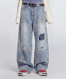 DWSE（ディーダブリューエスイー）の「カーペンター ダメージ ワイド デニムパンツ(ブルー)（デニムパンツ）」