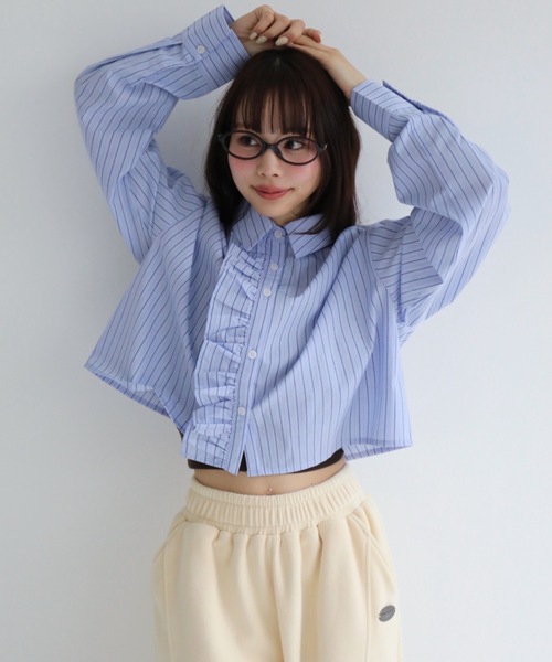 JUMELLE(ジュメロ)の「ストライプフリルブラウス(シャツ/ブラウス・レディース・ピンク/ブルー・MEDIUM)」の1枚目の写真