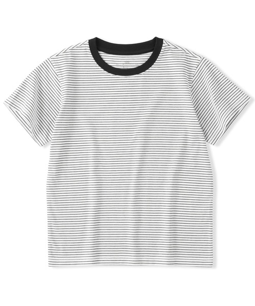 無印良品(ムジルシリョウヒン)の「キッズ 綿天竺編みクルーネック半袖Tシャツ ボーダー(Tシャツ/カットソー・キッズ・ブラック系/ブルー系/ピンク系/ホワイト系/ライトグリーン系/ネイビー系/パープル系・110/120/130/140/150)」の1枚目の写真