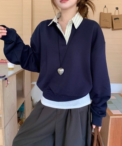 LADY LIKE(レディライク)の「ストライプ衿オーバーサイズトップス(Tシャツ/カットソー・レディース・ネイビー・M)」の2枚目の写真