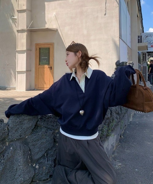 LADY LIKE(レディライク)の「ストライプ衿オーバーサイズトップス(Tシャツ/カットソー・レディース・ネイビー・M)」の9枚目の写真