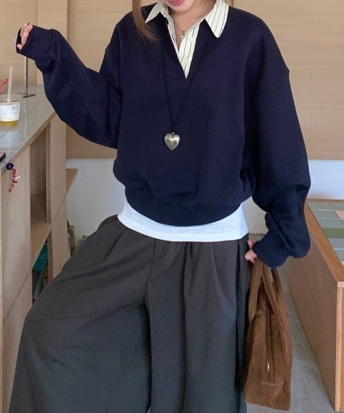 LADY LIKE(レディライク)の「ストライプ衿オーバーサイズトップス(Tシャツ/カットソー・レディース・ネイビー・M)」の5枚目の写真