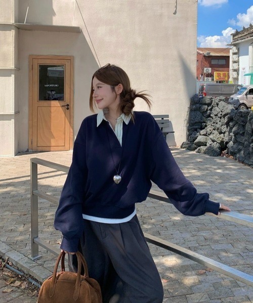 LADY LIKE(レディライク)の「ストライプ衿オーバーサイズトップス(Tシャツ/カットソー・レディース・ネイビー・M)」の8枚目の写真