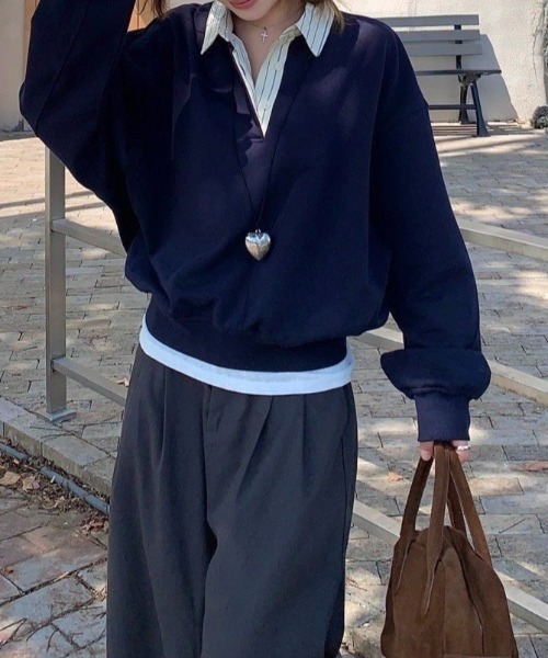 LADY LIKE(レディライク)の「ストライプ衿オーバーサイズトップス(Tシャツ/カットソー・レディース・ネイビー・M)」の3枚目の写真