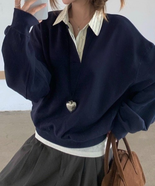 LADY LIKE(レディライク)の「ストライプ衿オーバーサイズトップス(Tシャツ/カットソー・レディース・ネイビー・M)」の12枚目の写真