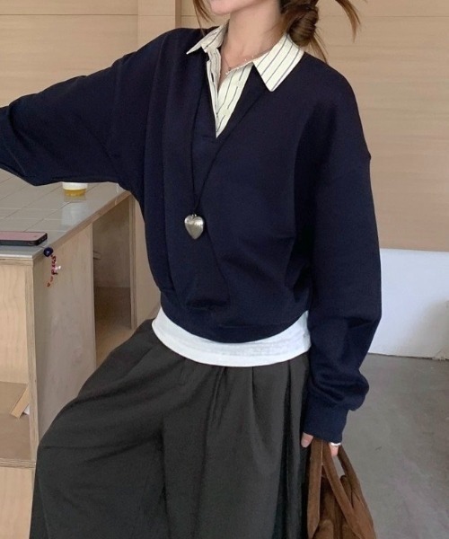 LADY LIKE(レディライク)の「ストライプ衿オーバーサイズトップス(Tシャツ/カットソー・レディース・ネイビー・M)」の13枚目の写真