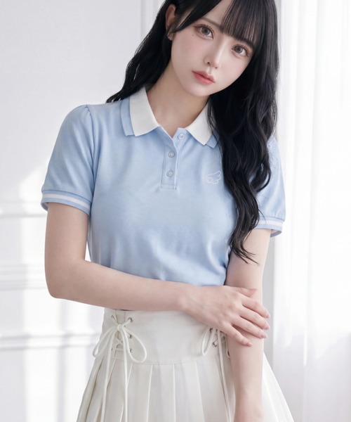 羽刺繍ダブルカラー配色ポロシャツ（Tシャツ/カットソー）｜Suyunn