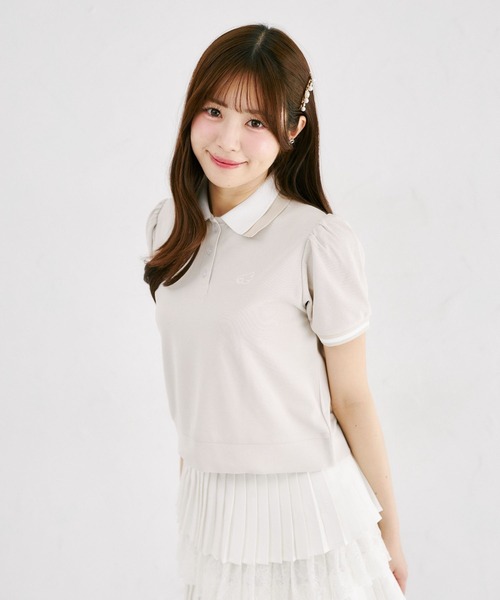 Suyunn（スユン）の「羽刺繍ダブルカラー配色ポロシャツ（Tシャツ/カットソー・レディース・ライトベージュ/ライトブルー・M）」の5枚目の写真