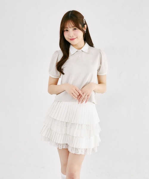 Suyunn（スユン）の「羽刺繍ダブルカラー配色ポロシャツ（Tシャツ/カットソー・レディース・ライトベージュ/ライトブルー・M）」の4枚目の写真