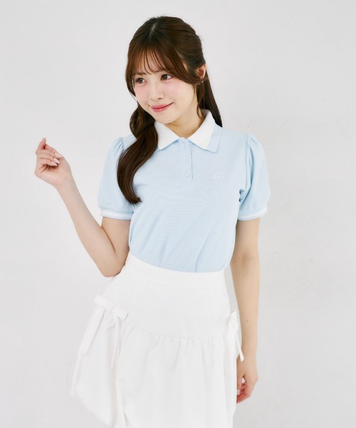 Suyunn（スユン）の「羽刺繍ダブルカラー配色ポロシャツ（Tシャツ/カットソー・レディース・ライトベージュ/ライトブルー・M）」の12枚目の写真