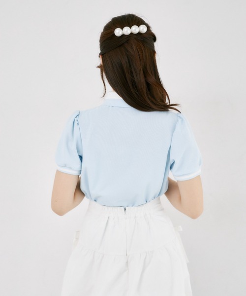 Suyunn（スユン）の「羽刺繍ダブルカラー配色ポロシャツ（Tシャツ/カットソー・レディース・ライトベージュ/ライトブルー・M）」の15枚目の写真