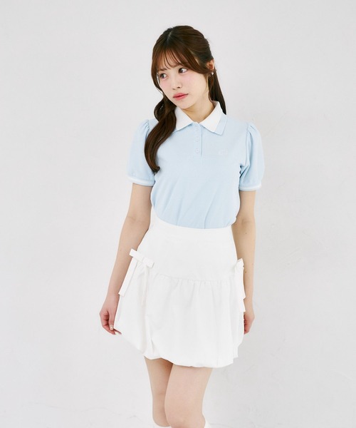 Suyunn（スユン）の「羽刺繍ダブルカラー配色ポロシャツ（Tシャツ/カットソー・レディース・ライトベージュ/ライトブルー・M）」の11枚目の写真