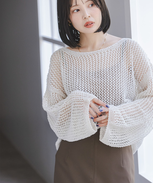 Noble（ノーブル）の「メッシュショートプルオーバー（ニット/セーター・レディース・ホワイト系その他/ライトグリーン/チャコールグレー/ブルー・FREE）」の2枚目の写真