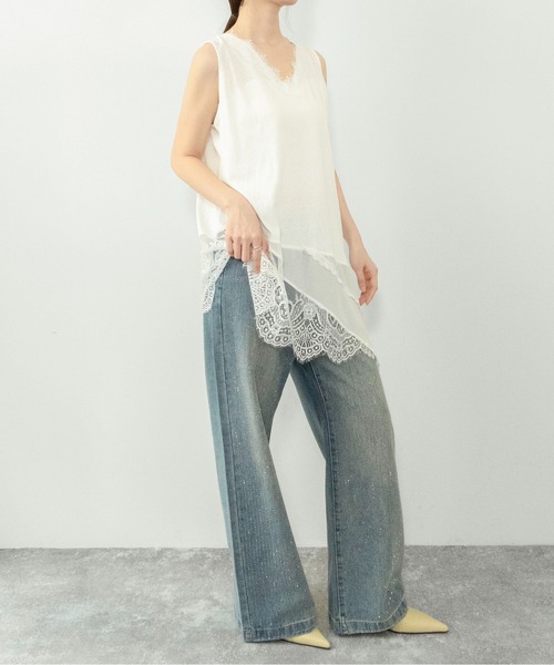 on:nue（オンニュ）の「【on:nue】[着用動画あり！] ヘムレースノースリーブトップス（Tシャツ/カットソー・レディース・ブラック/アイボリー・FREE）」の8枚目の写真