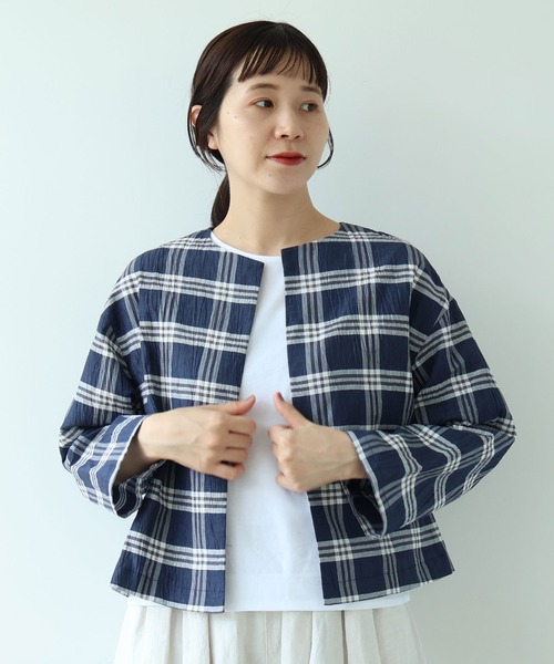 yuni(ユニ )の「△L/C/Pe washer check haori blouse(シャツ/ブラウス・レディース・ネイビー・FREE)」の1枚目の写真
