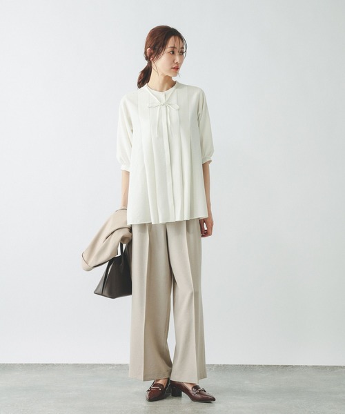 GLOBAL WORK（グローバルワーク）の「キレイつづくリボンタイブラウス/636618（シャツ/ブラウス・レディース・ブルー系その他/グレー系その他7/オフホワイト・LARGE/MEDIUM）」の4枚目の写真