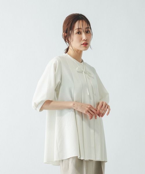 GLOBAL WORK（グローバルワーク）の「キレイつづくリボンタイブラウス/636618（シャツ/ブラウス・レディース・ブルー系その他/グレー系その他7/オフホワイト・LARGE/MEDIUM）」の7枚目の写真