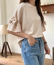 リボン フリルスリーブ T シャツ 丸首 ゆったり 半袖