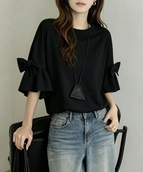 semplice（センプリチェ）の「リボン フリルスリーブ T シャツ 丸首 ゆったり 半袖（Tシャツ/カットソー・レディース・ベージュ/グレー/ブラック・F）」の14枚目の写真
