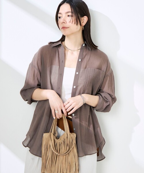 NOLLEY’S(ノーリーズ)の「ウォッシャブルキャッチワッシャーシアーシャツ(シャツ/ブラウス・レディース・ブラウン/グリーン/サックスブルー/ネイビー・FREE)」の1枚目の写真