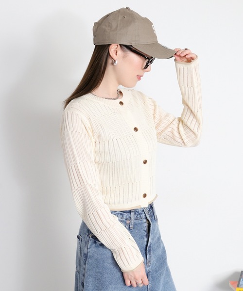 cepo（セポ）の「透かし編みランダムリブショートカーディガン（カーディガン/ボレロ・レディース・ブラック/オフホワイト/レッド・M）」の12枚目の写真