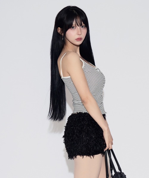 tinkerend(ティンカーエンド)の「Shirred Border Camisole / シャーリングボーダーキャミソール(キャミソール・レディース・ブラック/ホワイト・FREE)」の5枚目の写真