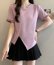 アシンメトリーヘム 半袖Tシャツ / フリル袖デザイン カットソートップス
