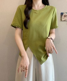 アシンメトリーヘム 半袖Tシャツ / フリル袖デザイン カットソートップス