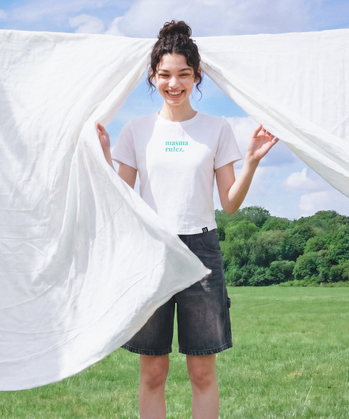 MASMARULEZ APPAREL(マスマルールズ アパレル)の「MSMRZ Crop T-shirt_White_6 Colors(Tシャツ/カットソー・レディース・ブラック/ピンク/パープル/レッド/ライトグリーン/ミント・FREE)」の18枚目の写真