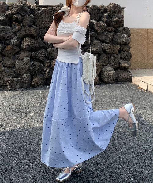 MAISON DE THERESE(メゾン ド テレーズ)の「クラシックAライン水玉切り替えワイドスカート(デニムスカート・レディース・ブルー/アイボリー/Black・M)」の3枚目の写真