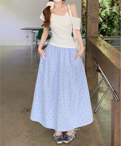 MAISON DE THERESE(メゾン ド テレーズ)の「クラシックAライン水玉切り替えワイドスカート(デニムスカート・レディース・ブルー/アイボリー/Black・M)」の8枚目の写真