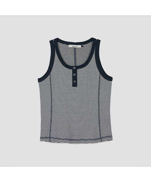 ATELIER NAIN(アトリエナイン)の「SCOOP NECK EYELET STRIPE SLEEVELESS (T-7218)(Tシャツ/カットソー・レディース・ブラウン/ダークネイビー・MEDIUM/SMALL)」の1枚目の写真