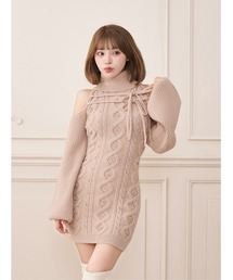 ダブルリボンビジューケーブルニットミニワンピース