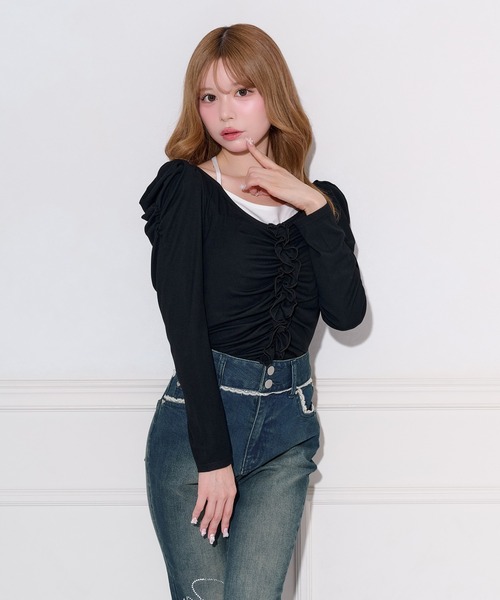 apres jour(アプレジュール)の「レイヤード風ギャザードッキングトップス(Tシャツ/カットソー・レディース・グレー/アイボリー/サックスブルー/ブラック・FREE/X-LARGE)」の16枚目の写真