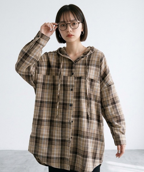 CRB(シーアールビー)の「チェックフードシャツ(シャツ/ブラウス・レディース・ベージュ/ブラウン/オリーブ/キャメル/グレー・F)」の8枚目の写真
