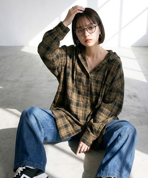 CRB(シーアールビー)の「チェックフードシャツ(シャツ/ブラウス・レディース・ベージュ/ブラウン/オリーブ/キャメル/グレー・F)」の14枚目の写真