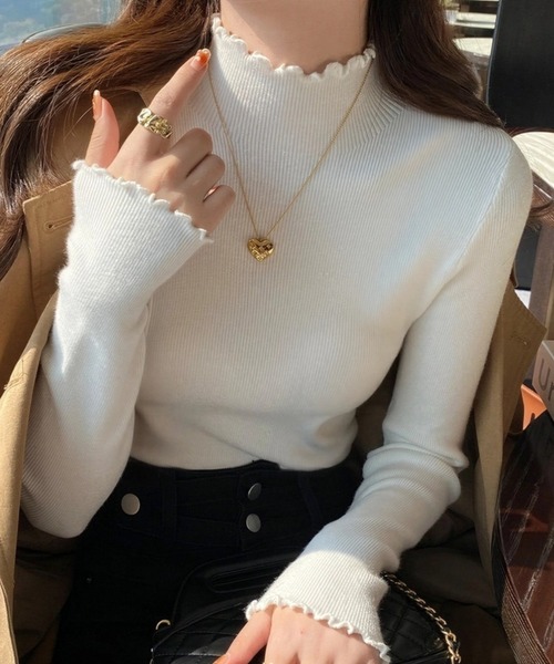 yuue' ( wear )(ユーイ)の「メロウハイネックリブニットトップス(ニット/セーター・レディース・ホワイト/アイボリー/ベージュ/ブラック・FREE)」の1枚目の写真