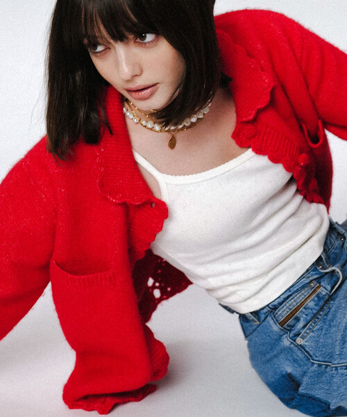 FREAK'S STORE(フリークスストア)の「クロシェ風ニットカーディガン(カーディガン/ボレロ・レディース・ブラック/オフホワイト/レッド・フリ-)」の3枚目の写真