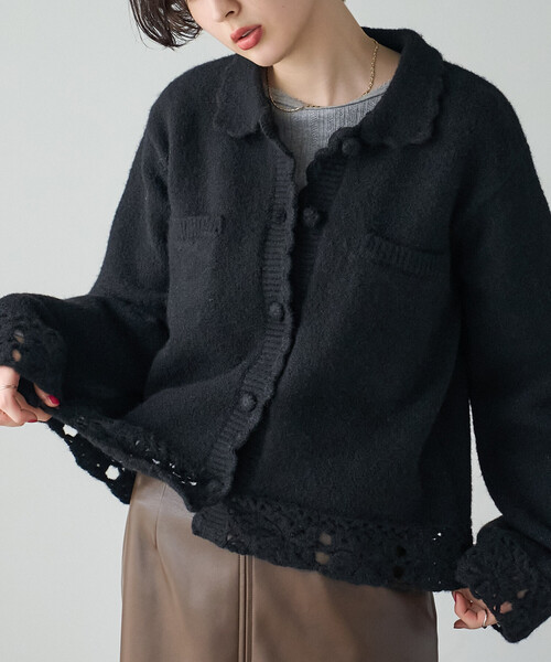 FREAK'S STORE(フリークスストア)の「クロシェ風ニットカーディガン(カーディガン/ボレロ・レディース・ブラック/オフホワイト/レッド・フリ-)」の2枚目の写真