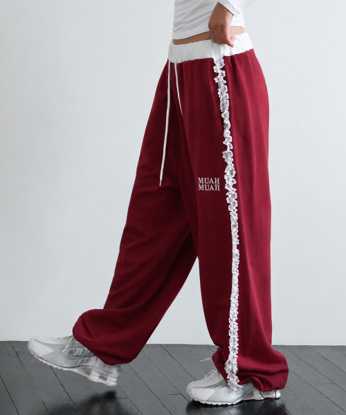 muahmuah（ムーアムーア）の「レースバンドワイドバンディングパンツ[バーガンディ]（スウェットパンツ・レディース・その他・FREE）」の2枚目の写真