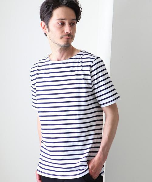 green label relaxing(グリーンレーベルリラクシング)の「KC ボーダー柄 ボートネック 半袖 Tシャツ ②◆(Tシャツ/カットソー・メンズ・ネイビー/ライトグレー/オフホワイト/ホワイト・LARGE/MEDIUM/SMALL/X-LARGE)」の1枚目の写真