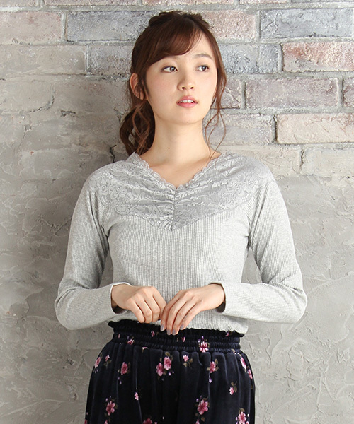 Honeys（ハニーズ）の「レース使いプルオーバー（Tシャツ/カットソー・レディース・アイボリー/ブラック/ピンク/杢グレー・L/M/S）」の3枚目の写真