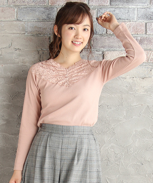 Honeys（ハニーズ）の「レース使いプルオーバー（Tシャツ/カットソー・レディース・アイボリー/ブラック/ピンク/杢グレー・L/M/S）」の4枚目の写真