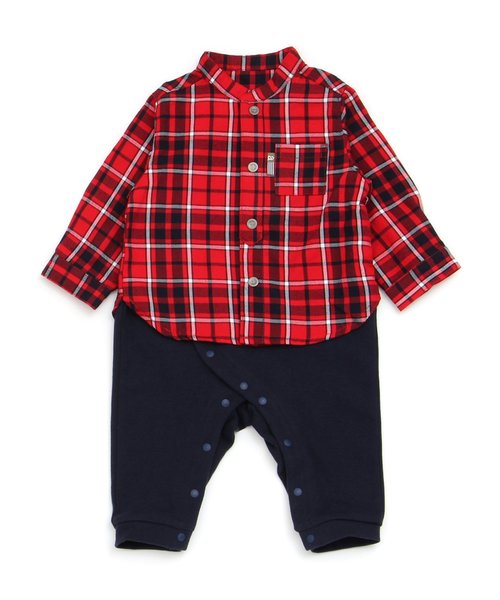 apres les cours（アプレレクール）の「バイカラーシャツレイヤードカバーオール（ロンパース・キッズ・グレー/レッド・70/80）」の2枚目の写真