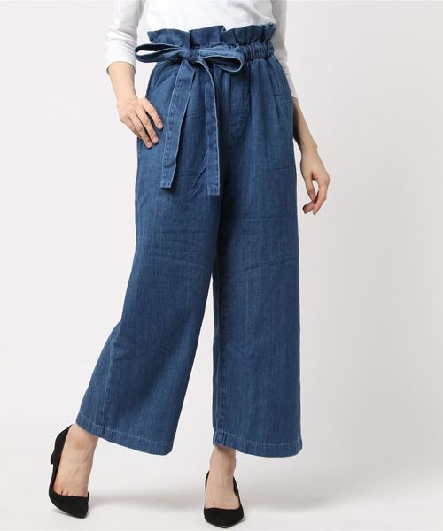 earth music&ecology（アースミュージックアンドエコロジー）の「COTTON USA デニムパンツ(ベルト付ワイド)（デニムパンツ・レディース・ダークインディゴブルー/ライトインディゴブルー・L/M）」の5枚目の写真