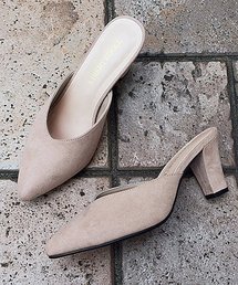 Liberty Doll / 美脚 7cmチャンキーヒール Vカット ミュールサンダル ポインテッドトゥ 歩きやすい クッションインソール 大人きれいめ 通勤 デート 22.5-24.5cm(5439)
