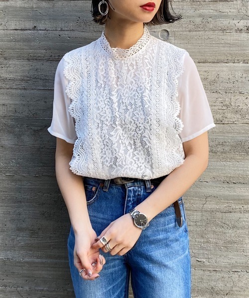 iNtimite ハシゴレース ハイネック シャツブラウス フリーサイズ iNtimite ハシゴレース ハイネック シャツブラウス フリーサイズ