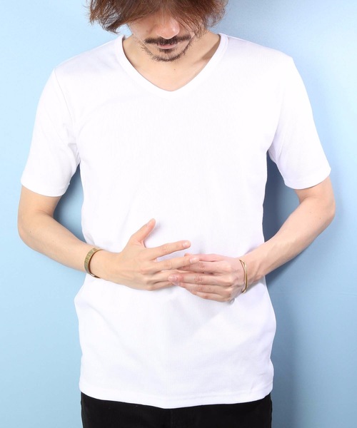 Blue Standard (ブルースタンダード)の「【BLUE STANDARD】細ピッチリブ仕様 ジャストサイズフィッティング 無地 ベーシックデザイン リブVネックTシャツカットソー(Tシャツ/カットソー・メンズ・ホワイト/ブラック/ネイビー/杢グレー・MEDIUM/LARGE/X-LARGE)」の5枚目の写真